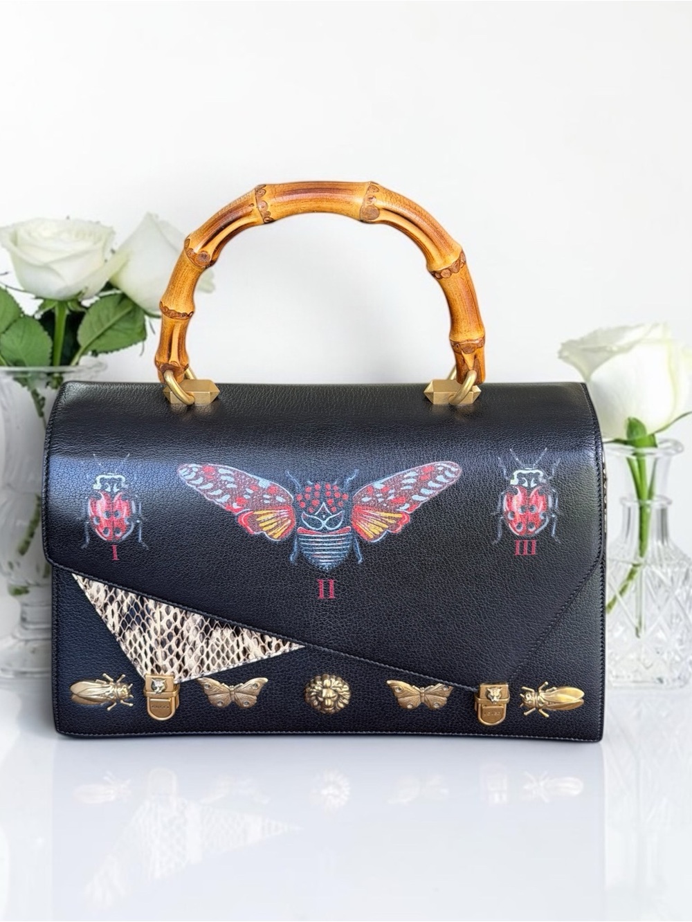 Gucci Black Leather Bamboo Ottilia Top Handle Bag Exotic Snakeskin Insect